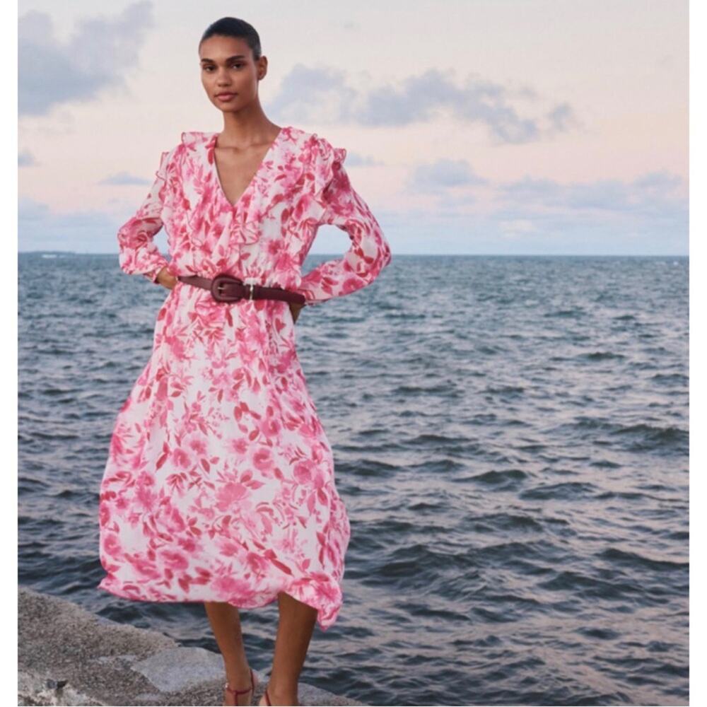 Zara Pink and White Bishop Sleeve Midi Sundress
